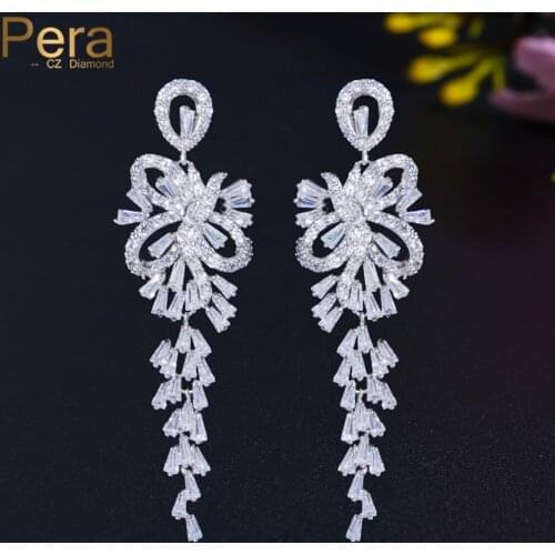 Pera Elegant Sparkling White Cubic Zirconia Long Dangle Bow Earrings Knot Shape for Women Fashion Brand Wedding Jewelry E753