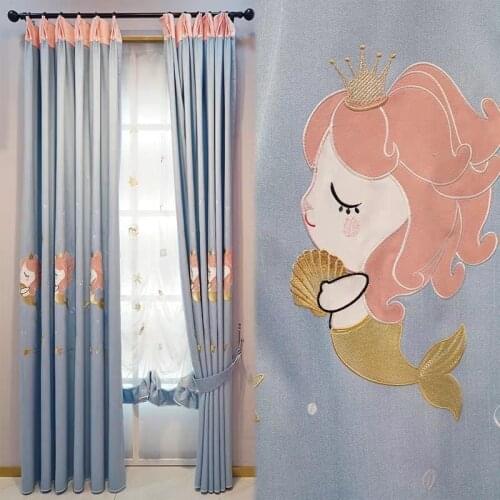 Childrens Room High-end Mermaid Cotton and Linen Embroidery Thickened Blackout Curtains for Bedroom Girl Room Finished