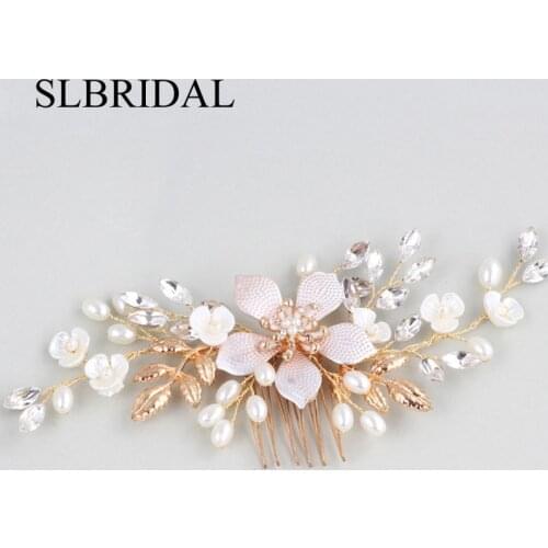 SLBRIDAL Handmade Crystals Rhinestones Pearls Flower Wedding Jewelry Hair Comb Bridal Headpieces Hair Accessories Bridesmaids