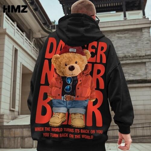 HMZ Hip Hop Streetwear Sweatshirt Hoodie Men Bear Letter Print Pullover Men 2021 Autumn Harajuku Cotton Hoodie Casual Hooded Men