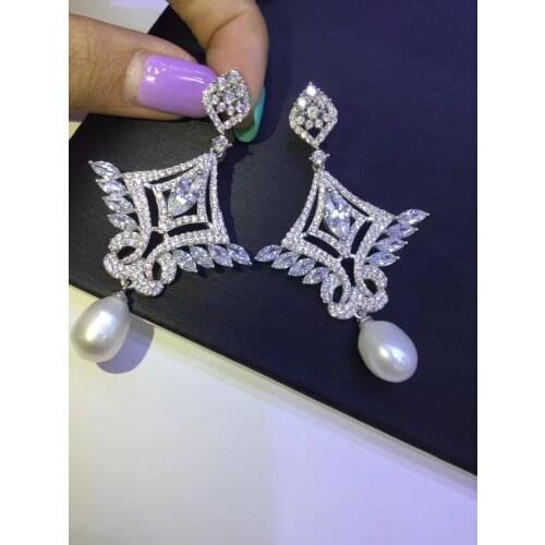 Vintage Natural fresh water pearl drop earring cultured pearl 925 sterling silver with cubic zircon fine jewelry