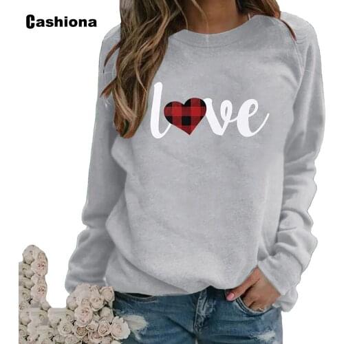 Fashion Tops Plaid Love Print Womens Tees Clothing 2021 Spring Autumn Casual Long Sleeve Loose Oversized 3XL T-Shirt feminina