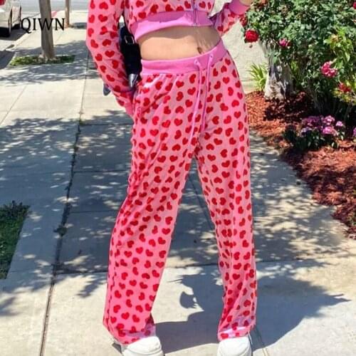 Pink Velvet Sweet Y2K Joggers Women 2000s Heart Print Kawaii Sweatpants Drawstring High Waist Straight Trousers Korean