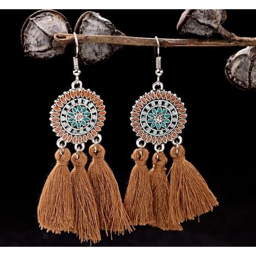DOUVEI Fashion Women Brown Tassel Jhumka Dangle Earrings Handmade Ethnic Flower Dripping Oil Bohemia Summer Earrings HQE525