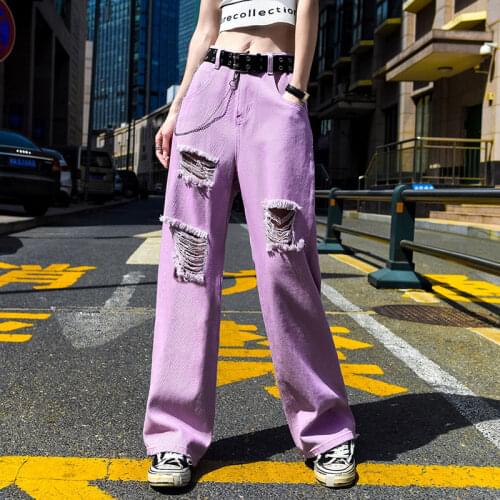 Women Autumn Long Denim Pants 2021 New High Waist Straight Loose Wide Leg Jeans Casual Full Length Hole Trousers