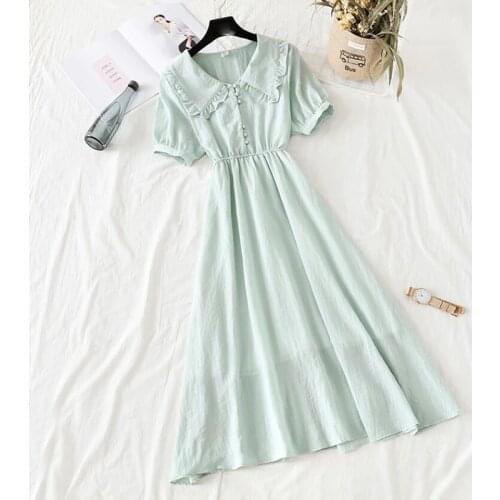 Women Vintage Cotton Linen Dresses Doll collar Solid Color Robes 2021 New Summer Short Sleeve Dress Female Elegant Dress