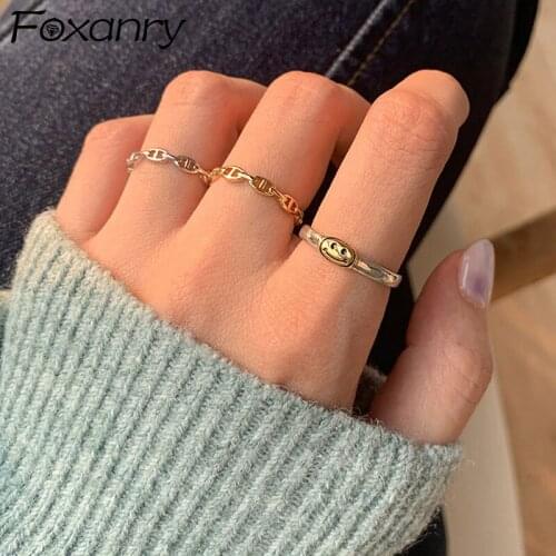 Evimi 925 Sterling Silver Smiley Face Rings Bride Jewelry for Women New Fashion Vintage Chain Geometric Party Accessories Gift