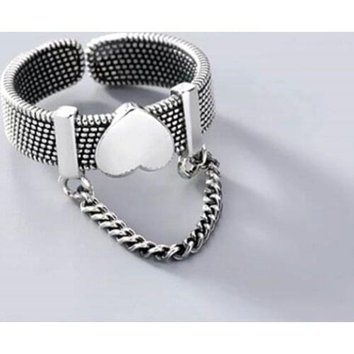 VENTFILLE 925 Sterling Silver Korean Tassel Chain Love Heart Belt Ring Female Fashion Trendy Romantic Open Jewelry