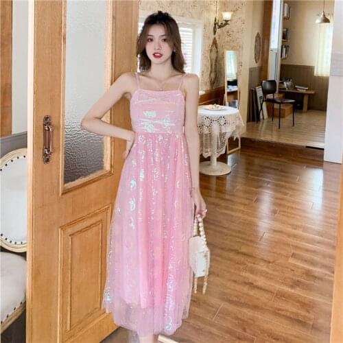 Pink Sling Dress French 2021 Summer Womens Mesh Print Shiny Suspender Dress Square Collar High Waist Sleeveless Long Dress