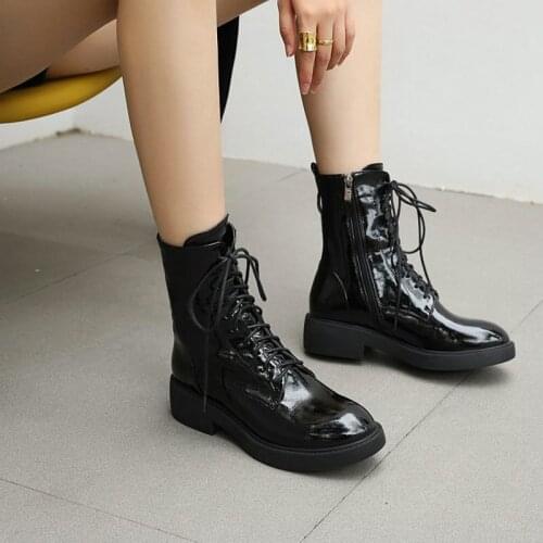 2020 winter patent PU leather luxury shoes women designers cross-tied platform snow boots for woman cool martin ankle boots