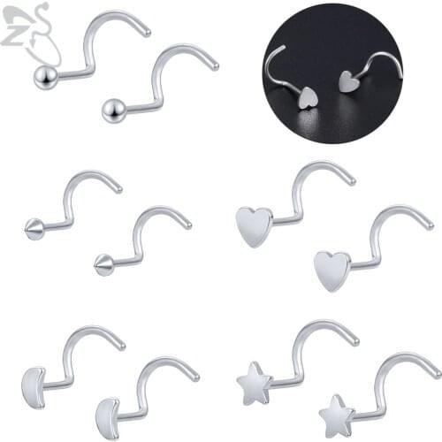 ZS 1 PC Silver Color Moon Star Nose Rings Womens 5 Shape Bent Septum Piercing Surgical Steel Hook Nostril Body Piercing Jewelry