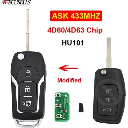 3 Button Modified Flip Remote Car Key ASK 433MHz 4D60 / 4D63 Chip HU101 Blade For Ford Focus Mondeo Fiesta Galaxy C Max S Max