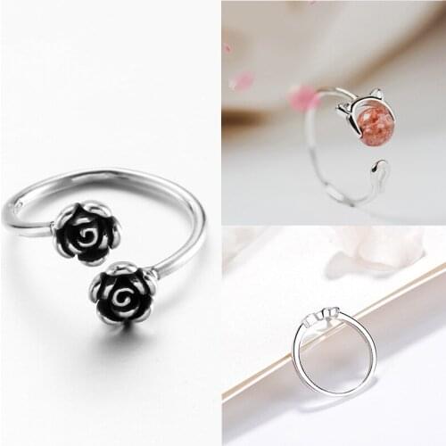 925 Sterling Silver Pin Black Flower Exquisite Pet Strawberry Crystal Hollow Out Minimalist Ring with Adjustable Opening
