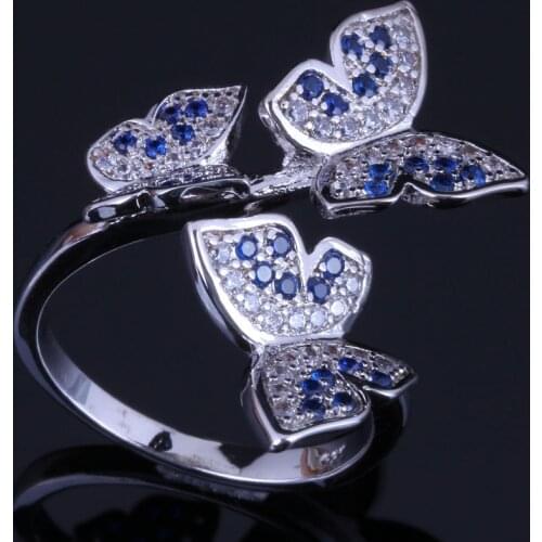 Shiny Butterfly Blue Cubic Zirconia White CZ Silver Plated Ring V0489