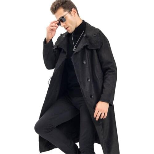 Black Leather Smart Casual Mens X-Long Coat Luxury 100% Sheepskin Military Style Long Parka