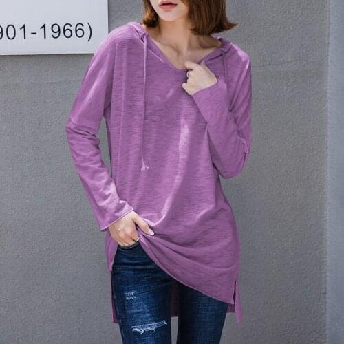 Hooded Long Cotton 100% Women T-Shirts Summer New Design Solid Long-Sleeved Drawstring Casual Female Pulls Tops Tees