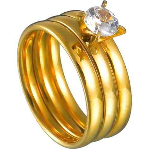Smooth Gold Crystal CZ Wedding Bands Ring for Women Men Ring Set 3pcs Stainless Steel Engagement Jewelry Couple Anniversary Gift