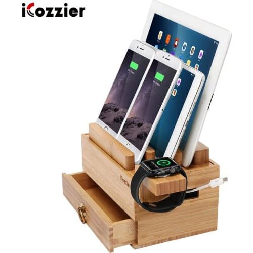 ICozzier Mini Bamboo Stand With Drawer Multi-device Charging Station Tablet Phone Stand Dock for iPad, Smartphones, Tablets