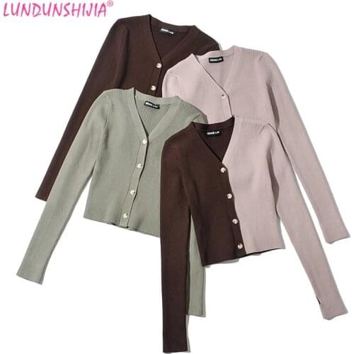 LUNDUNSHIJIA Women Fashion Sexy V-Neck Long-Sleeve Cardigans Tops Ladies Single Breasted Elastic Knitting Thin Sweater Crop Tops