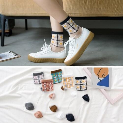 Korean Female Summer thin Socks Trendy Glass Silk Transparent Socks Japanese Silk Crystal Socks Women Flower Breathable Socks