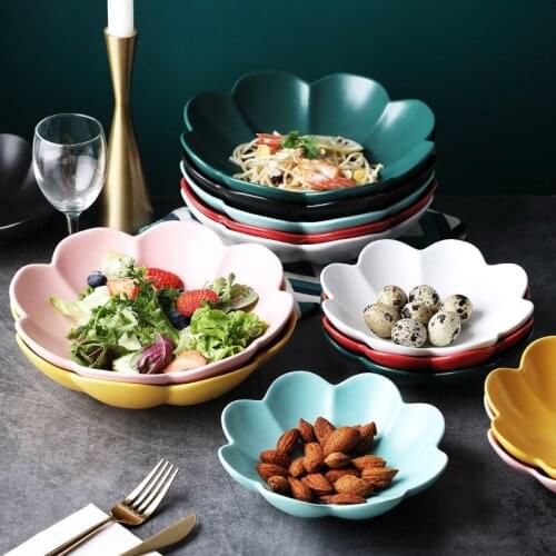 Creative Color Glaze Flower-Shaped Ceramic Plates Bowls Nordic Popular Western Food Salad Fruit Pasta Soup Bowls Noodle Bowls