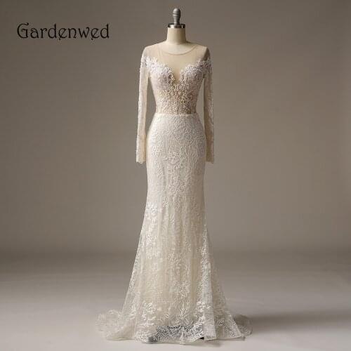 2020 Illusion Lace Mermaid Wedding Dress Appliques Long Sheer Sleeves Sexy Fish Tail Tulle Bridal Gown Nude Back