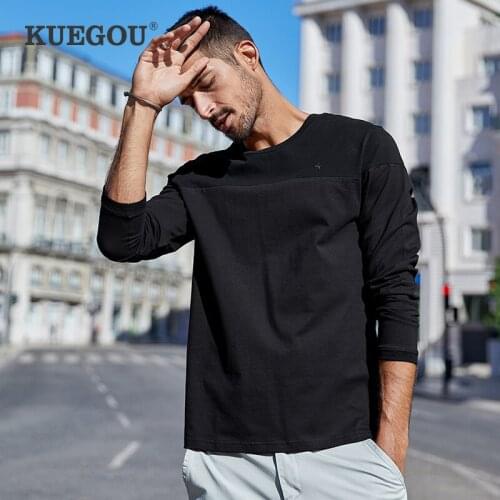 KUEGOU 2021 Autumn 100% Cotton Embroidery Patchwork Black T Shirt Men Tshirt Long Sleeve T-shirt Male Plus Size Tee Tops 88043