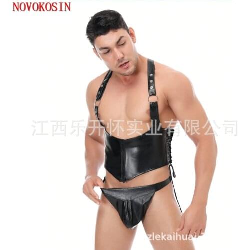 Summer Style 2020 Fashion Black Faux Leather Men Sexy Lingerie Fitness Zipper Front Rivet Halter Open Chest Vest With T Panties