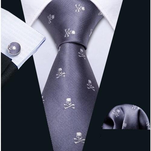 Sliver Skull Fashion Men Tie Necktie Gravat Handkerchief Cufflinks Set Silk Ties For Men Suit Party Business Gift Barry.Wang