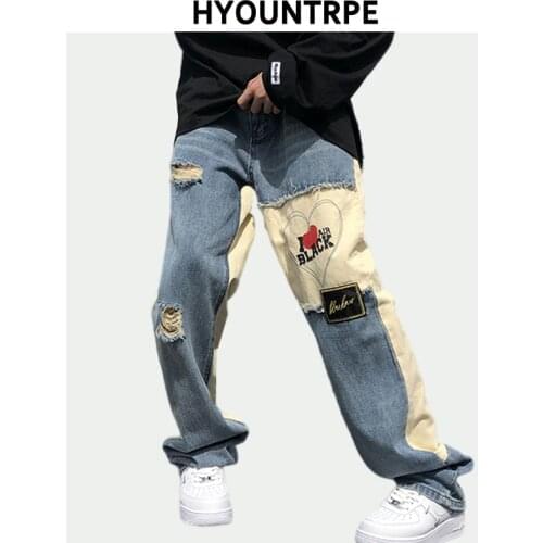 Men Ripped Holes Patchwork Straight Denim Jeans Pants Fashion Casual Zipper Splicd Pants Hip Hop Streetwear Loose Jeans Trousers
