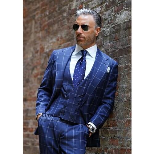 Royal Blue Plaid Men Suits 3 Piece Jacket Pants Vest Sets Male Classic Business Blazer Formal Wedding Groom Tuxedo Costume Homme