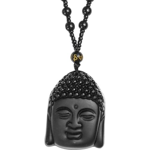 Natural Black Obsidian Carved Buddha Head Pendant with Bead Lucky Amulet Necklace For Men Women Pendants Jewelry