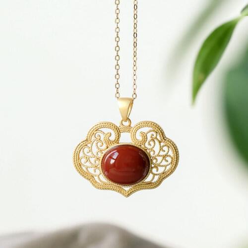 Original new natural flange porcelain chalcedony necklace pendant retro fashion simple Chinese style ladies silver jewelry