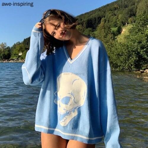 Harajuku Skull Print Loose Autumn Sweater Women Pullovers Casual Y2k Knitwear Jumpers 2021 Korean Sweaters Blue Black Pink Green