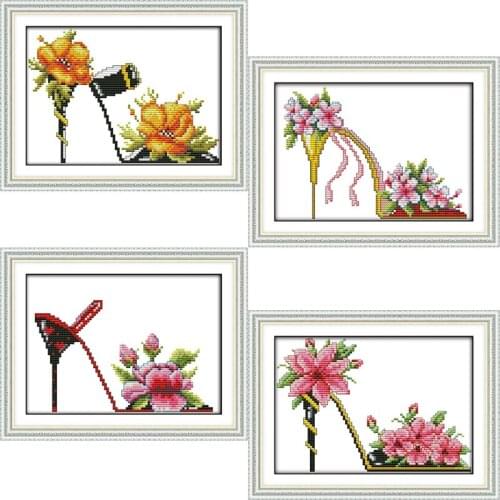 Joy Sunday Fashion High Heels Series DIY Handwork Canvas DMC Counted Chinese Cross Stitch Kits Printed Embroidery Set Home Decor