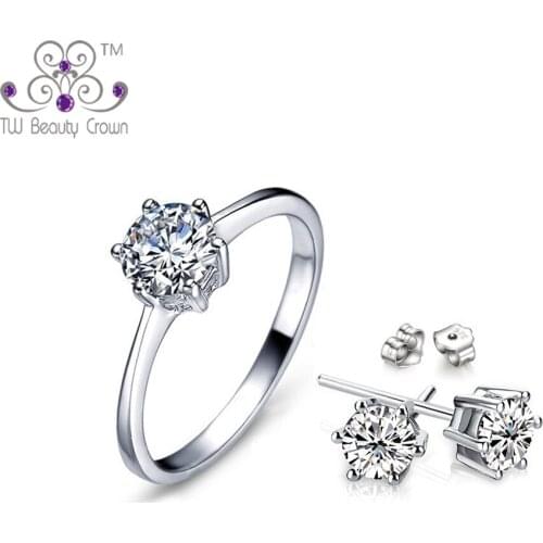 Real 925 Sterling Silver Classic Eternal 1 Carat White Crystal Cubic Round Stud Earrings Ring Wedding & Engagement Jewelry Sets