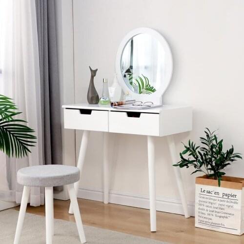 Dressing Table With Round Mirror With Stool Simple Pine Bedside Drawers Dresser Desk 80cm French Warehouse Fast Delivery HWC