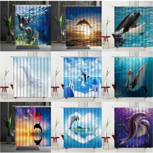 Ocean Scenery Shower Curtains Marine Life Dolphin Couple Lovers Valentines Day Romantic Waterproof Bath Curtains Multiple Size