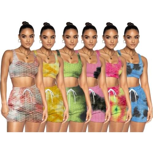 Tie Dye Jacquard Stretchy Sporty Fitness Tracksuit Sleeveless Tank Top Drawstring High Elastics Shorts Suit Outdoor Gym Workout
