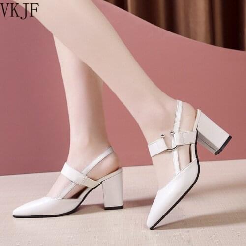 2021 Summer Sandals Dress Party Shoes PU Leather High Heel Sandals Womens Mules Ladies Pointed Toe Chunky Heel