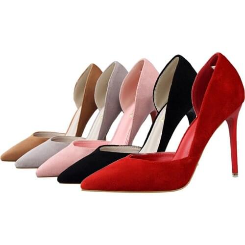 Korean version fashion simple show thin thin high heels suede shallow mouth pointed head side hollow womens single shoes