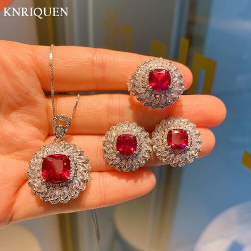 Charms 925 Sterling Silver Gemstone Ruby Rings Earrings Pendant Necklace Wedding Party Vintage Fine Jewelry Sets for Women Gift