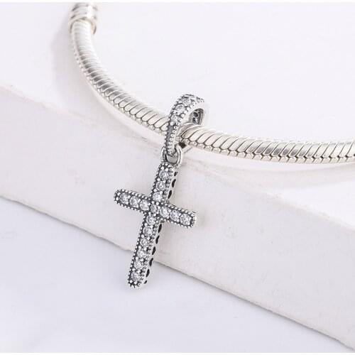 925 Sterling Silver Christian Religious Bling White Zircon Women Cross Pendant Charm Bracelet Jewelry Making For Pandora
