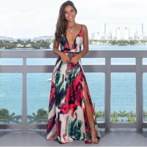 Hot Selling Women Summer Boho Long Maxi Dress Sleeveless V-neck Splited Pool Party Holiday Floral Beach Dresses Sundress new