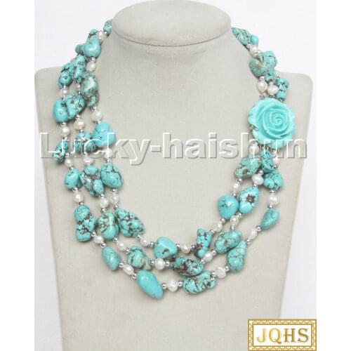 17" 3row Natural baroque white pearls blue turquoise necklace turquoise clasp c146