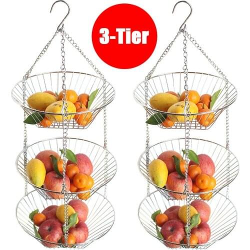 3 Tiers Wire Chain Hanging Basket Fruit Plant Food Organizer Kitchen Storage Wrought Iron Fruit Hanging Basket