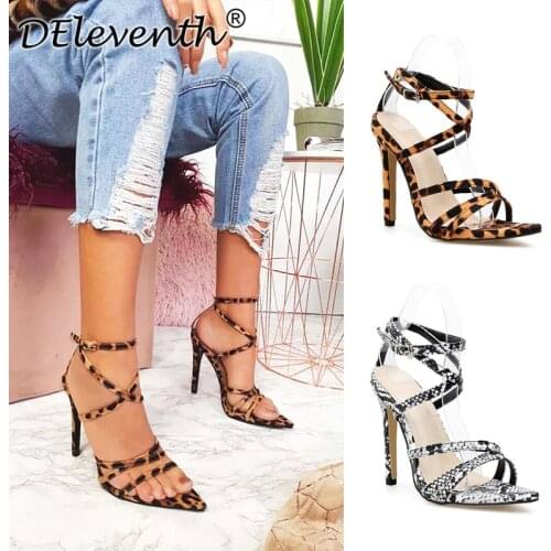Summer Women Sandals Narrow Band Vintage High Heels Pointed Toe Flock 11.5CM Thin Heels High heels Buckle Strap Serpentine