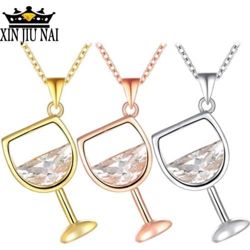 Rose Gold Chain Creative Wine Glass Pendant Necklace AAA Zircon Crystal Wine Cup Charm Necklace for Women 14k gold jewelry