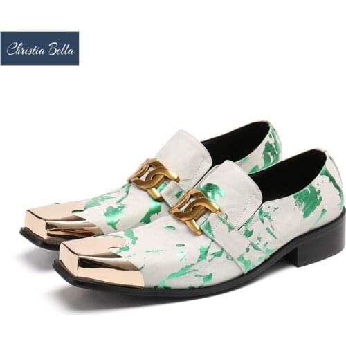 Christia Bella Vintage Metal Square Toe Men Real Leather Shoes Big Size Party Wedding Formal Shoes Male Business Brogues Slip On