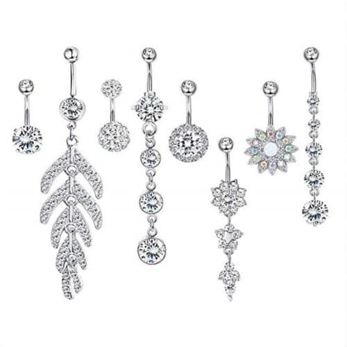 8PCS/Set Surgical Steel Dangle Navel Rings CZ White Crystal Navel Bars Leaves Belly Button Ring Navel Piercing Jewelry